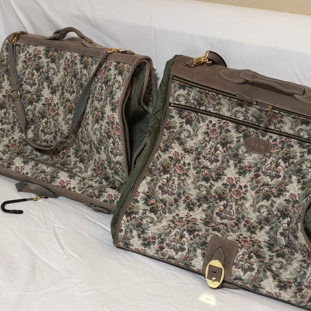 French duo taspestry and suede leather garment bags with multiple compartments